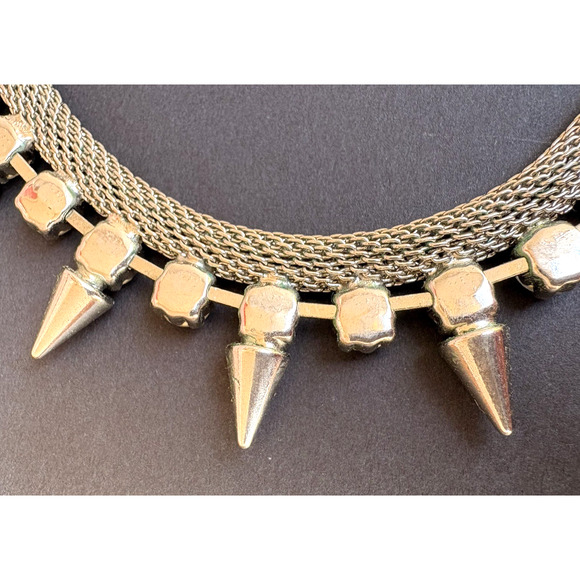 Graziano Silver Tone Mesh w/ Clear Rhinestone & Spikes Necklace Goth Biker Edgy - Picture 9 of 12